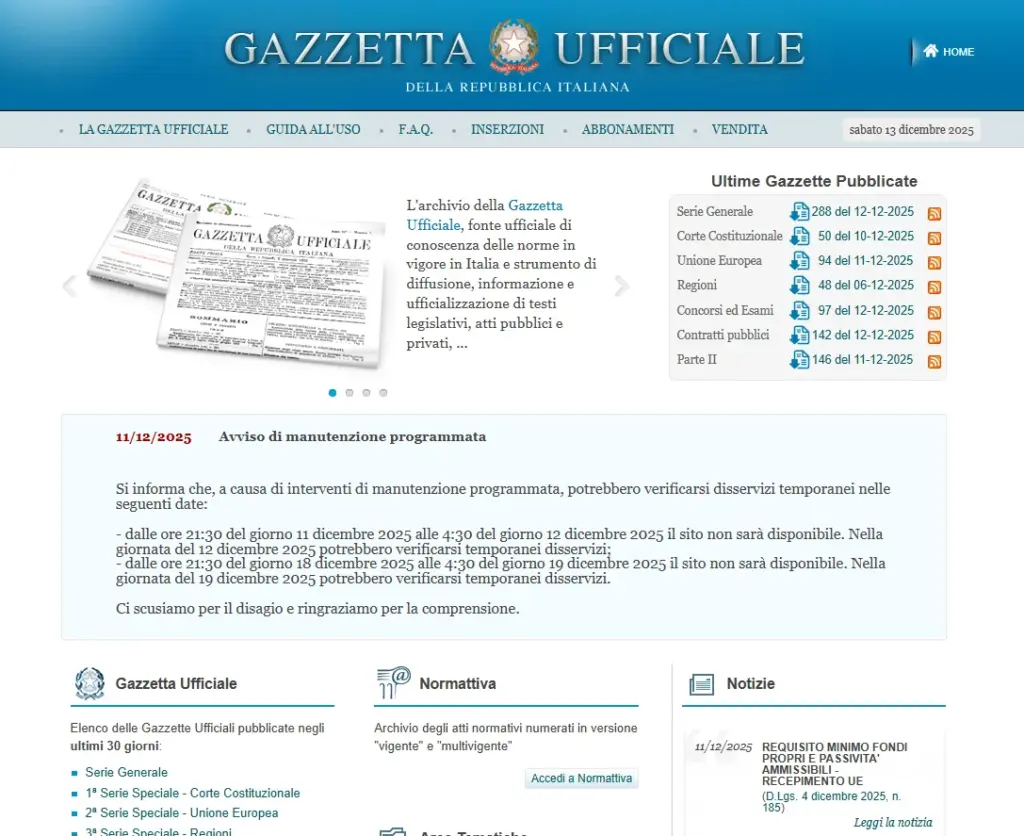 Screenshot Portale Gazzetta Ufficiale