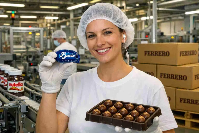 Operaia in stabilimento Ferrero mostra un Bacio Perugina durante la produzione