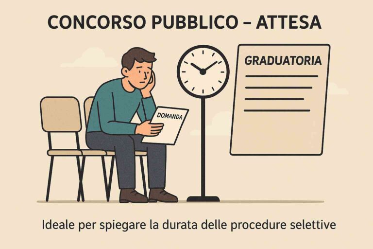 Illustrazione sulle tempistiche dei concorsi pubblici italiani, con candidato in attesa, orologio e graduatoria finale