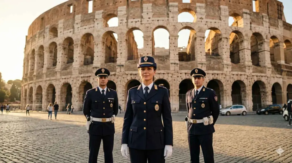 Tre agenti della Polizia di Roma Capitale in divisa davanti al Colosseo durante un concorso vigili Roma.
