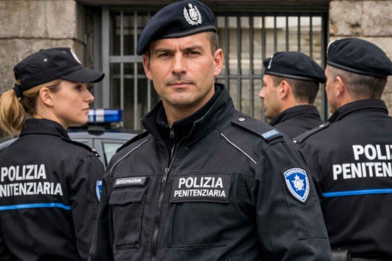 Quattro ufficiali del Corpo di Polizia Penitenziaria italiana in uniforme completa davanti a un edificio carcerario.