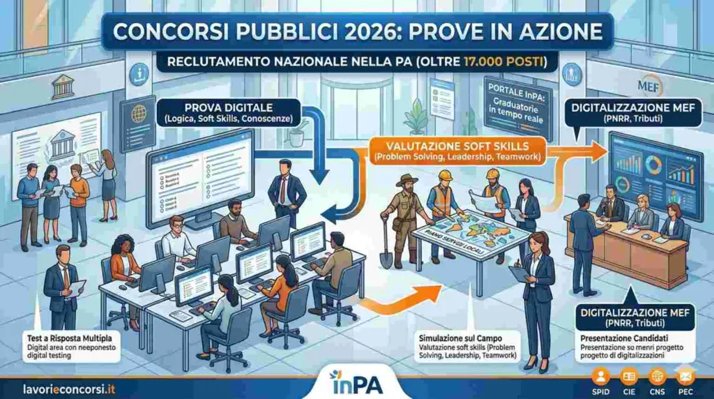 Infografica riassuntiva concorsi pubblici 2026 con dettagli posti SNA, MEF e requisiti portale InPA.