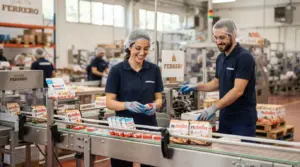 Operai al lavoro nella linea di produzione dello stabilimento Ferrero per le assunzioni 2026