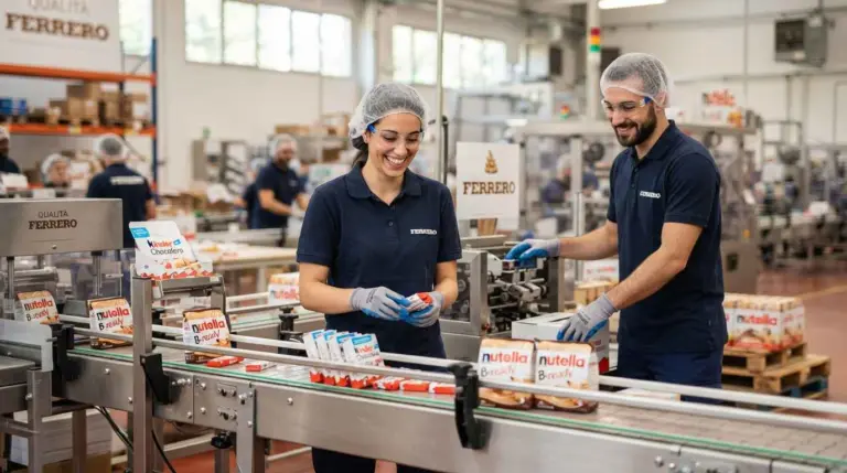 Operai al lavoro nella linea di produzione dello stabilimento Ferrero per le assunzioni 2026