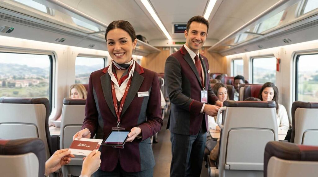 Hostess e steward di Italo Treno sorridenti in divisa all'interno di un vagone ferroviario