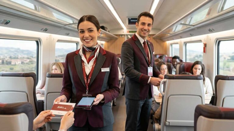 Hostess e steward di Italo Treno sorridenti in divisa all'interno di un vagone ferroviario