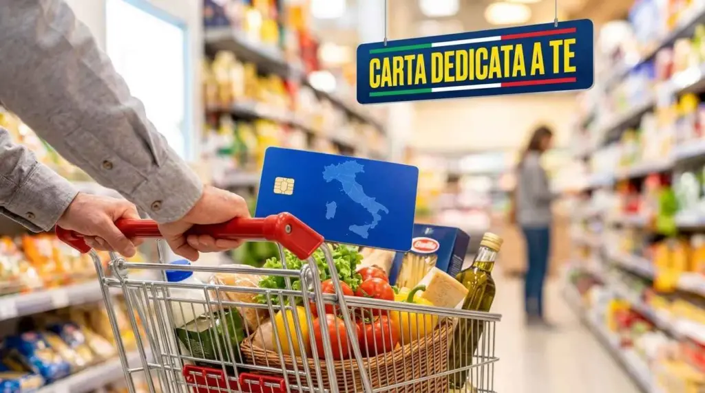 Carrello della spesa al supermercato con prodotti alimentari e la tessera blu della Carta Dedicata a Te.