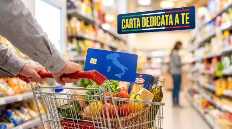 Carrello della spesa al supermercato con prodotti alimentari e la tessera blu della Carta Dedicata a Te.