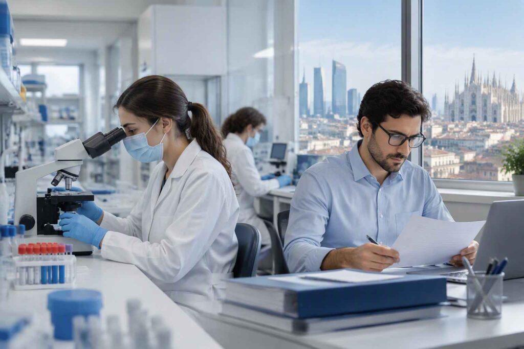 Tecnico sanitario di laboratorio biomedico durante attività professionale in laboratorio