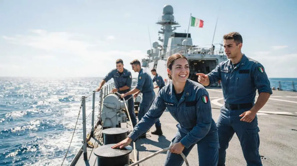 Giovani volontari della Marina Militare italiana sorridenti sul ponte di una nave con la bandiera italiana sullo sfondo, in una luminosa giornata di sole.