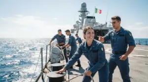 Giovani volontari della Marina Militare italiana sorridenti sul ponte di una nave con la bandiera italiana sullo sfondo, in una luminosa giornata di sole.