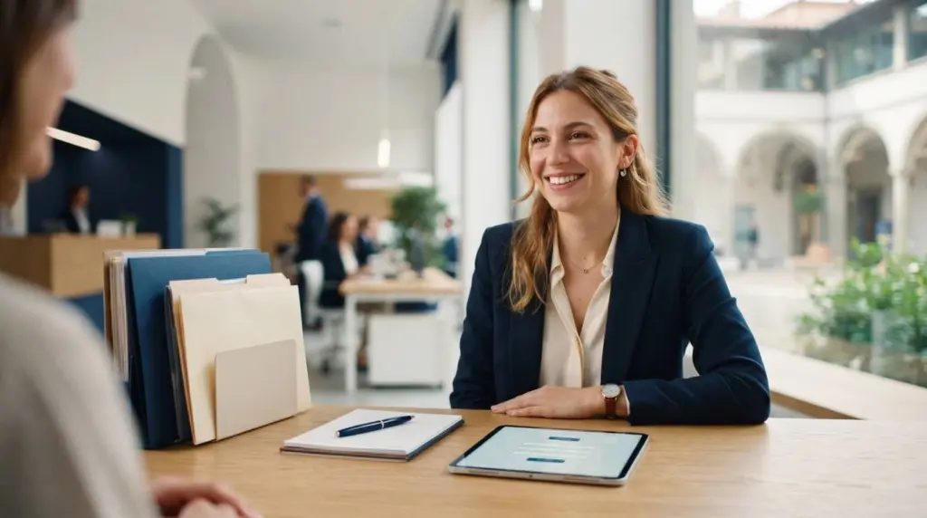 Professionista al lavoro a una scrivania moderna in un ufficio pubblico con documenti e tablet